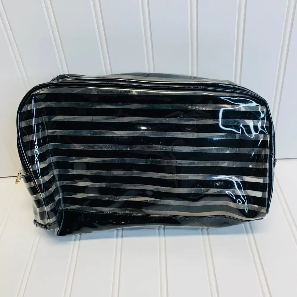 Set Makeup Bag Black Clear Striped Bow Gold Accent Plastic Woven Pouch